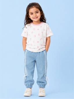 Kidbea - Girls Seashell Print Tee and Side-Tape Denim Jogger Set