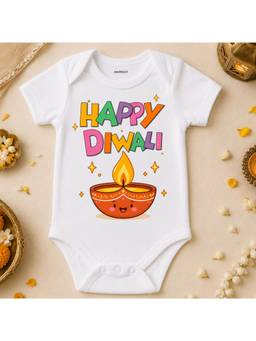 KNITROOT - Cotton Diwali Theme Happy Diwali Printed Onesie - White