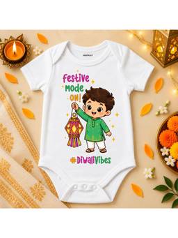 KNITROOT - Cotton Diwali Theme Festive Mode On! DiwaliVibes Onesie - White