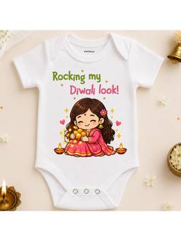KNITROOT - Cotton Diwali Theme Rocking My Diwali Look! Printed Onesie - White