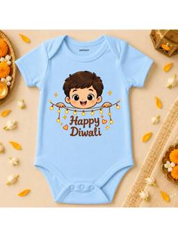 KNITROOT - Cotton Diwali Theme Happy Diwali Printed Onesie - Blue
