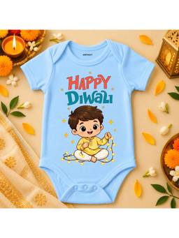 KNITROOT - Cotton Diwali Theme Happy Diwali Printed Onesie - Blue