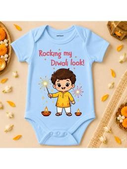 KNITROOT - Cotton Diwali Theme Rocking My Diwali Look! Printed Onesie - Blue