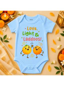 KNITROOT - Cotton Diwali Theme Love Light and Laddoos! Printed Onesie - Blue