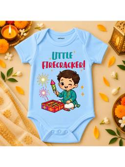 KNITROOT - Cotton Diwali Theme Little Firecracker! Printed Onesie - Blue