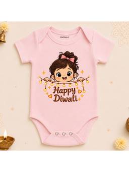 KNITROOT - Cotton Diwali Theme Happy Diwali Printed Onesie - Pink