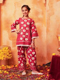 Lil Pitaara - Pure Cotton Girls Kurti Salwar Set - Red