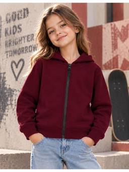 Nusyl - Girl Burgundy Solid Zipper Hoodie