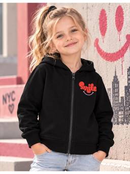Nusyl - Girl Black Smile Text Printed Zipper Hoodie