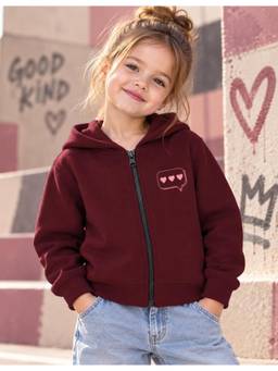Nusyl - Girl Burgundy Heart Printed Zipper Hoodie