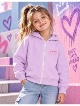 Nusyl - Girl Lilac Heart Printed Zipper Hoodie