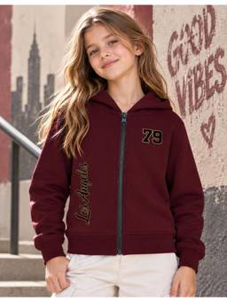 Nusyl - Girl Burgundy Los Angeles 79 Text Printed Zipper Hoodie