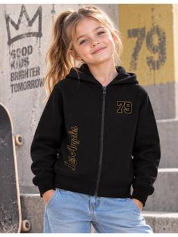 Nusyl - Girl Black Los Angeles 79 Text Printed Zipper Hoodie