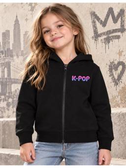 Nusyl - Girl Black K-pop Text Printed Zipper Hoodie