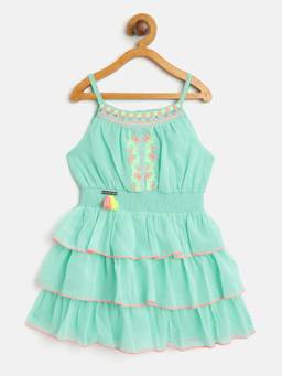 Nautinati - Girls' Georgette Floral Neon Embroidery Smocked Layered Fit and Flare Dress