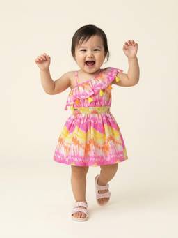 Nautinati - Girls' Multicolour Abstract Tie-dye Print Fit and Flare Smocked Dress