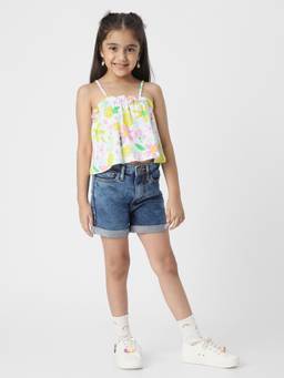 Nautinati - Girls Strappy Floral Top with Denim Shorts Set