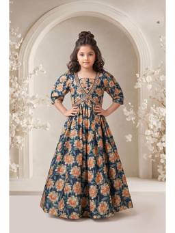 PINK LEAF - Girls' Navy Blue Floral Print Embellished Flared Gown