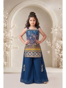 PINK LEAF - Girls' Blue Printed Strappy Kurta & Palazzo