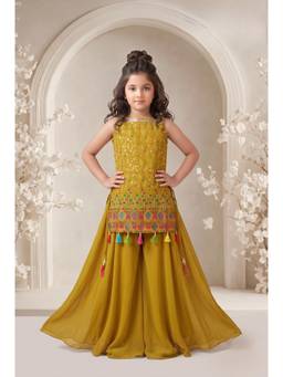 PINK LEAF - Girls' Mustard Embellished Kurta & Palazzo