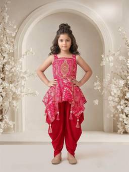 PINK LEAF - Girls' Pink Printed Asymmetric Peplum & Dhoti Pant Set