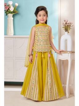 PINK LEAF - Girls Yellow Embroidered Strappy Kurta & Palazzo with Dupatta