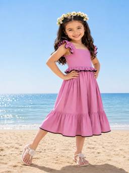 PURVAJA JUNIOR - Girls Fitand Flared Midi Length Sleeveless Square Neck Solid Dress