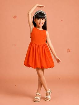 PURVAJA JUNIOR - Girls Balloon Mini Sleeveless Round Neck Textured Dress