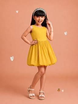 PURVAJA JUNIOR - Girls Balloon Mini Sleeveless Round Neck Textured Dress