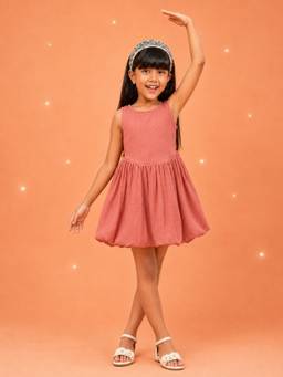 PURVAJA JUNIOR - Girls Balloon Mini Sleeveless Round Neck Textured Dress