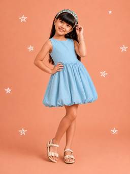 PURVAJA JUNIOR - Girls Balloon Mini Sleeveless Round Neck Textured Dress