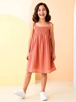 PURVAJA JUNIOR - Girls Fit and Flare Knee Length Sleeveless Tie Up Neck Textured Dress