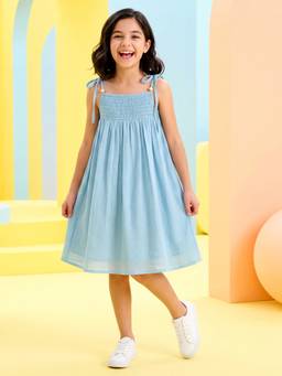 PURVAJA JUNIOR - Girls Fit and Flare Knee Length Sleeveless Tie Up Neck Textured Dress