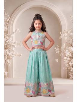 PINK LEAF - Girls' Aqua Blue Floral Embroidered Crop Top & Palazzo Set
