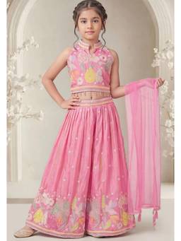 PINK LEAF - Girls'pink Floral Embroidered Crop Top & Palazzo Set