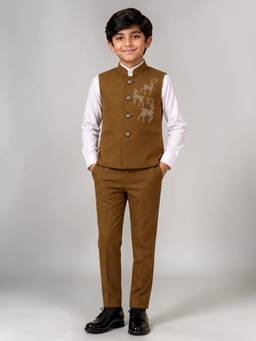 BT DEZINES - Boys Brown Deer Stone Embellished 3 Piece Suit Set