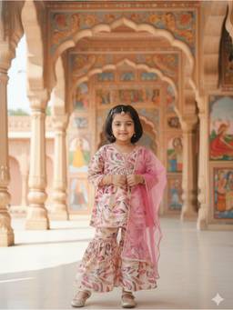 Cutiediva - Girls Printed Aliya-Cut Kurta and Sharara With Dupatta