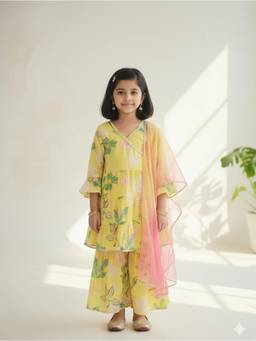 Cutiediva - Girls Printed Angrakha Kurta and Sharara With Dupatta