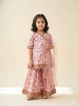 Cutiediva - Girls Printed Angrakha Muslin Kurta and Sharara With Dupatta Multi