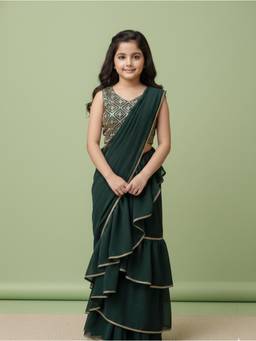 Cutiediva - Girls Dyed Saree with Blouse in Green