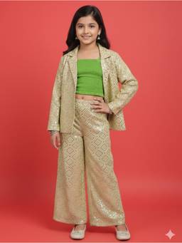 Cutiediva - Girls Printed Top and Pant with Jacket Set