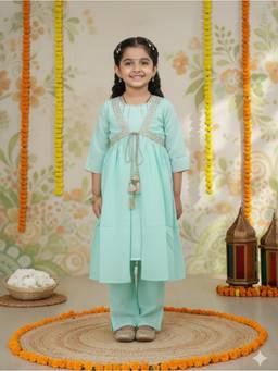 Cutiediva - Girls Cotton Festive Shrug with Kurta and Pant Set