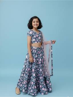 Cutiediva - Girls Floral Top Skirt set with Dupatta in Blue