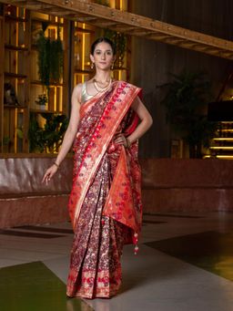 Beatitude - Maroon Gold-Toned Woven Design Silk Blend Saree with Unstitched Blouse