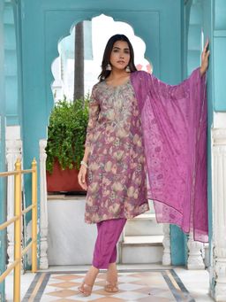 Vaasva Jaipur - Women Purple Printed Embroidered Kurta with Pant and Dupatta (Set of 3)