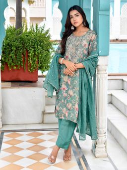 Vaasva Jaipur - Women Teal Printed Embroidered Kurta with Pant and Dupatta (Set of 3)