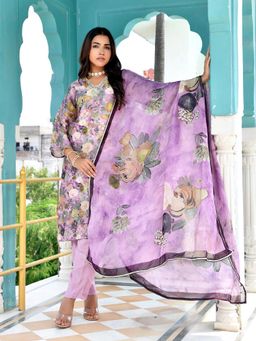 Vaasva Jaipur - Women Purple Tissue Gota Floral Print Kurta with Pant and Dupatta (Set of 3)