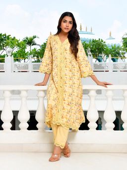 Vaasva Jaipur - Women Yellow Cotton Printed Kurta with Pant (Set of 2)