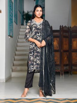 Vaasva Jaipur - Women Black Crepe Embroidered Suit Set (Set of 3)