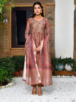 Vaasva Jaipur - Women Brown Chanderi Printed Kurta with Pant and Printed Dupatta (Set of 3)